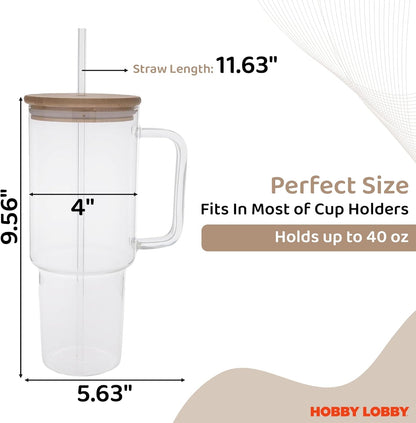 Hobby Lobby Jumbo Clear Glass Tumbler With Straw And Lid 40 Oz - With Handle, Bamboo Lid - for All-Day Hydration - Ideal Iced Coffee Tumbler Glass for Home, Office or Travel