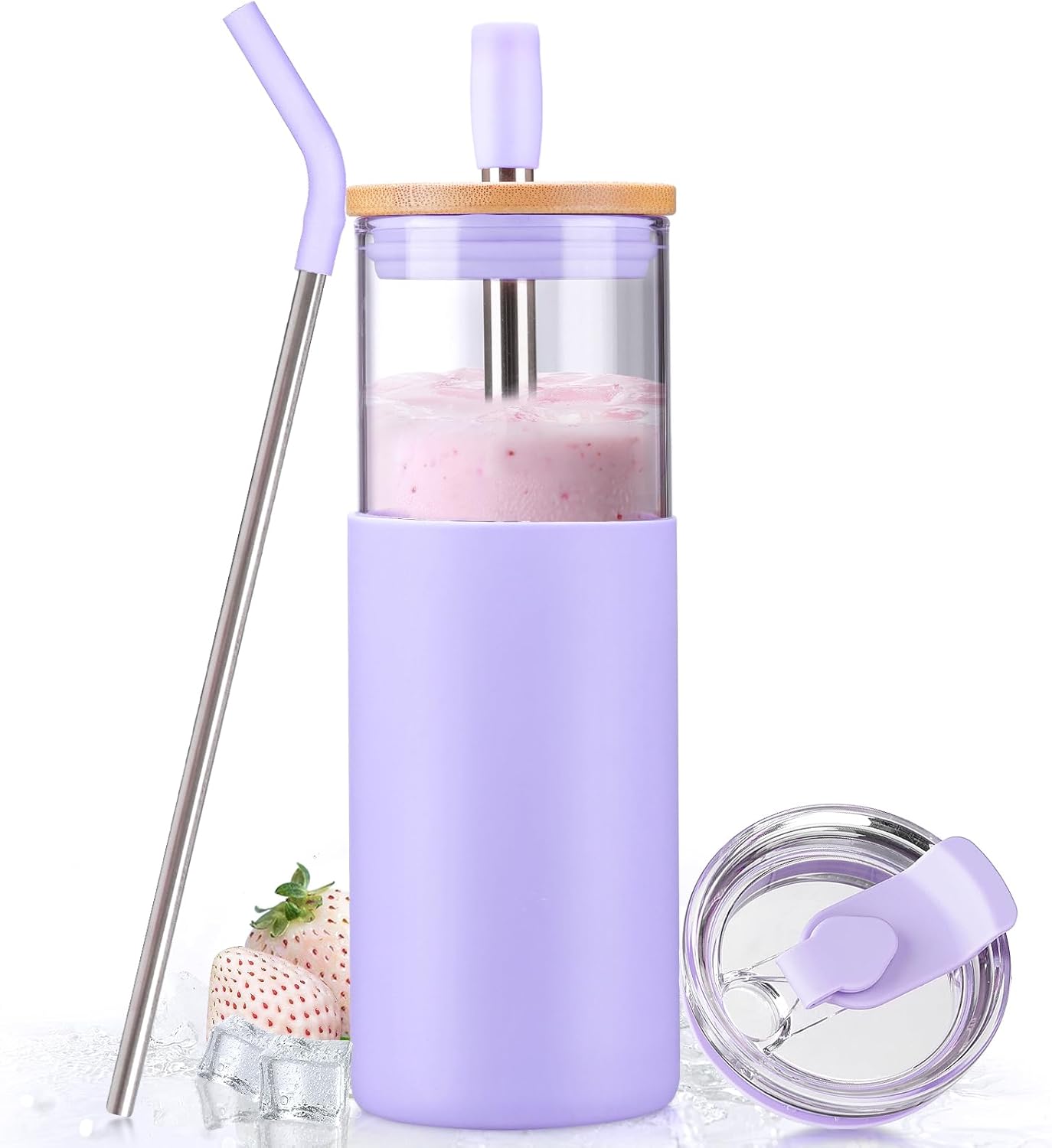 Kodrine 20oz Glass Water Tumbler with Straw and Lid, Bamboo Lids Water Bottle, Iced Coffee Cup Reusable, Wide Mouth Smoothie Cups with Protective Silicone Sleeve BPA FREE-Black - Colors A