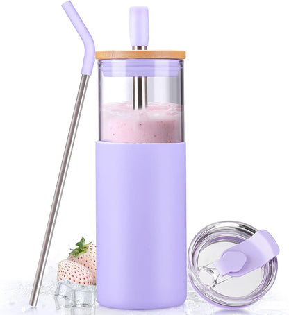 Kodrine 20oz Glass Water Tumbler with Straw and Lid, Bamboo Lids Water Bottle, Iced Coffee Cup Reusable, Wide Mouth Smoothie Cups with Protective Silicone Sleeve BPA FREE-Black - Colors A