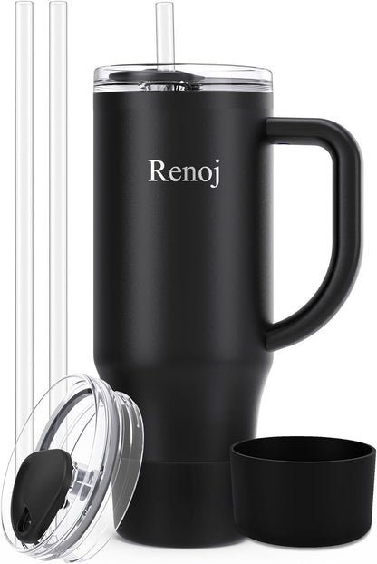 Renoj Insulated Mug 100% Leak Proof Insulated Water Bottle for Iced Coffee & Hot Drinks - Fits Car Cup Holder, Ideal Gift, 2 Straws & Silicone Boot - SnapShift Pink 32 oz