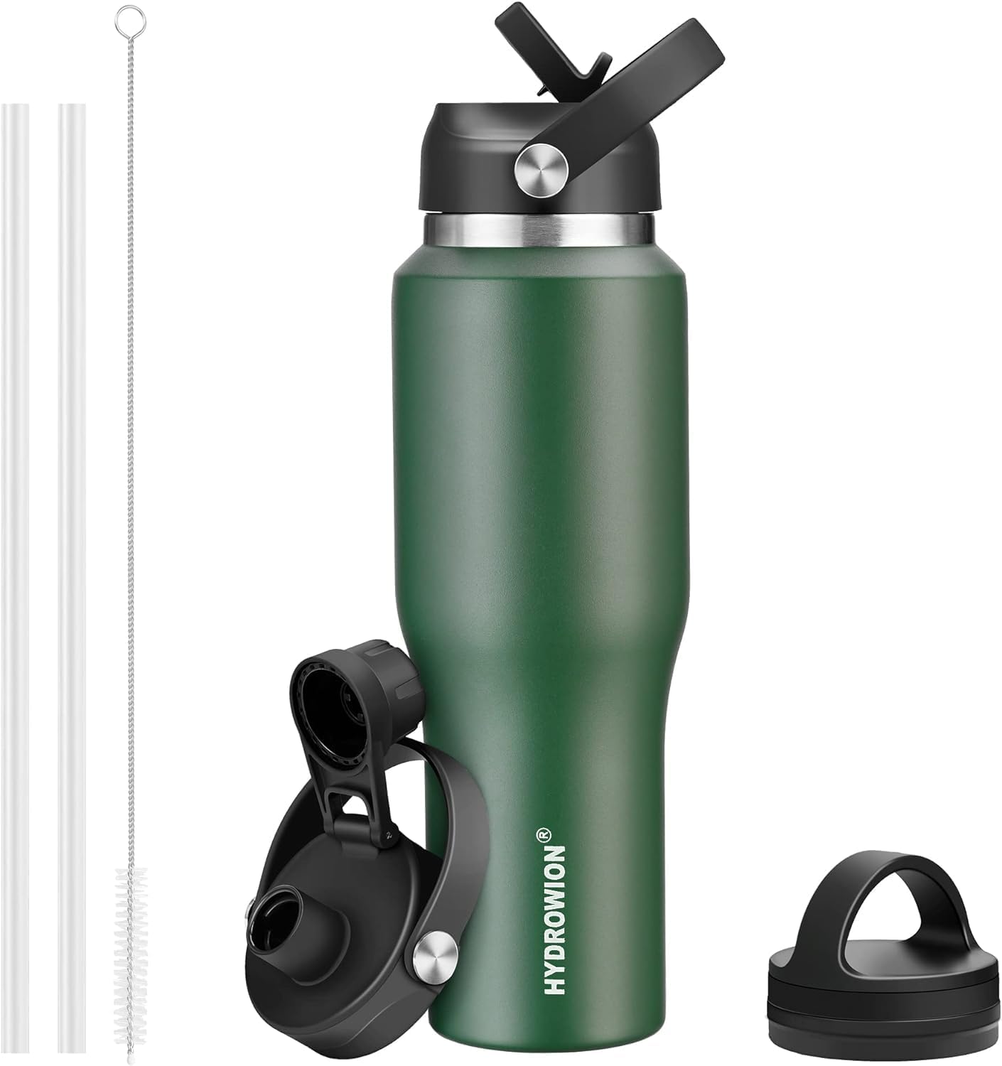 HYDROWION 32oz Stainless Steel Water Bottle(Cold for 48 Hrs, Hot for 24 Hrs),Double Wall Vacuum Insulated Water Bottle with Straw Lid, Spout Lid and Flex Cap, Fit in Any Car Cup Holder,Black