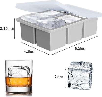 Large Ice Cube Tray for Whiskey: FDDBI Silicone Ice Cube Trays with Lid - 2Pack Big Square Old Fashioned Ice Cube Maker for Cocktail - 2inch Huge Cubed Ice Trays for Whisky