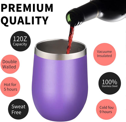 12oz/4 Pack Wine Tumbler Glasses with Lid Stemless Double Wall Vacuum Stainless Steel Travel Tumbler Keeping Cold & Hot for Wine,Coffee,Cocktails,Drinks-Family and Gifts (Multi color-dark)
