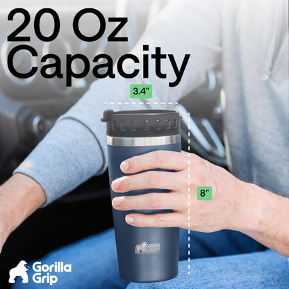 GORILLA GRIP 304 Stainless Steel Double Insulated Travel Coffee Mug, Leakproof Lid with Smooth Sip Top, Prevent Spills, Dent & Rust Resistant Reusable Tumbler Cup, Thermal Mugs for Drinks, 20oz, Black