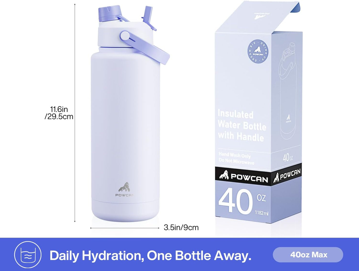 POWCAN 26 oz Insulated Water Bottle with 2-in-1 Straw and Spout Lid, Keep Cold 24H, Leak-Proof, Fits in Car Cup Holder, Stainless Steel Water Bottle for Sports, Travel, and School (Mint)