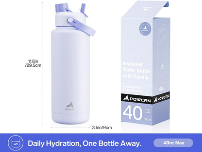 POWCAN 26 oz Insulated Water Bottle with 2-in-1 Straw and Spout Lid, Keep Cold 24H, Leak-Proof, Fits in Car Cup Holder, Stainless Steel Water Bottle for Sports, Travel, and School (Mint)