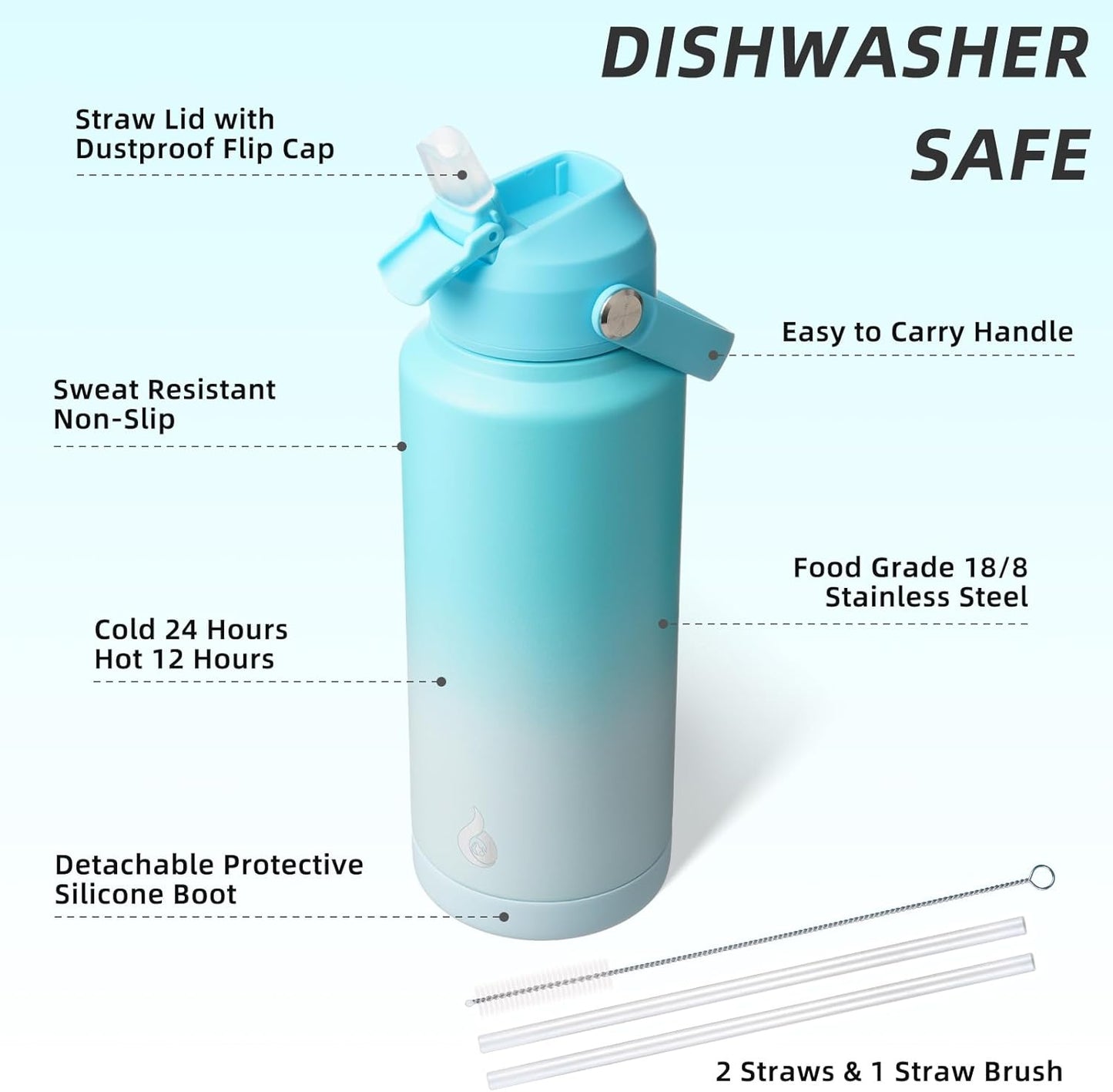 BJPKPK Insulated Water Bottle with Straw Lid, 18oz Thermo Water Bottles with Soft Nozzle, Flex Handle & Non-slip Boot, BPA Free Leak Proof Stainless Steel Metal Thermo, Tumblers, Cups,Sea Salt