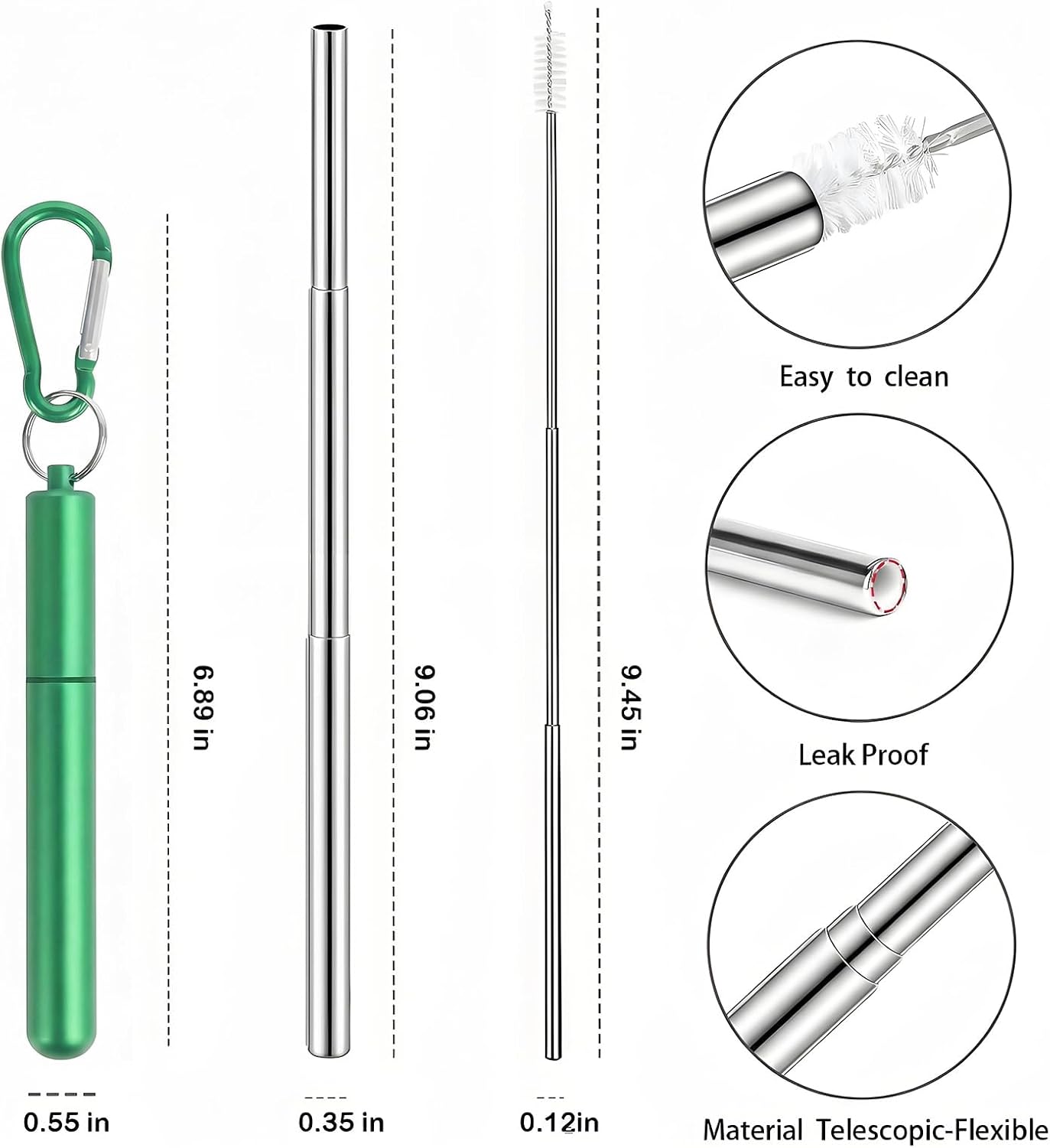 Collapsible Stainless Steel Drinking Straws with Aluminum Case, Cleaning Brush, and Keychains（Black+Silver）