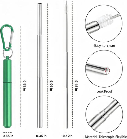 Collapsible Stainless Steel Drinking Straws with Aluminum Case, Cleaning Brush, and Keychains（Black+Silver）