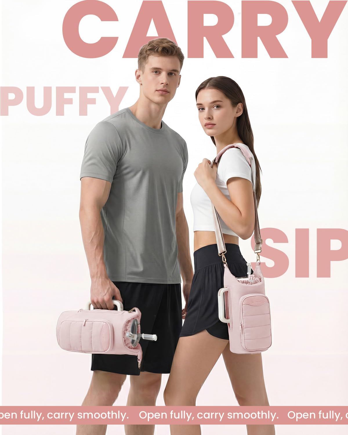 sportsnew Water Bottle Holder, Crossbody Insulated Cup Sleeve for 30oz/40oz Tumbler with Handle, Puffy Carrier Bag with Phone & RFID-Blocking Card Pocket & Drawstring Closure for Quick Access