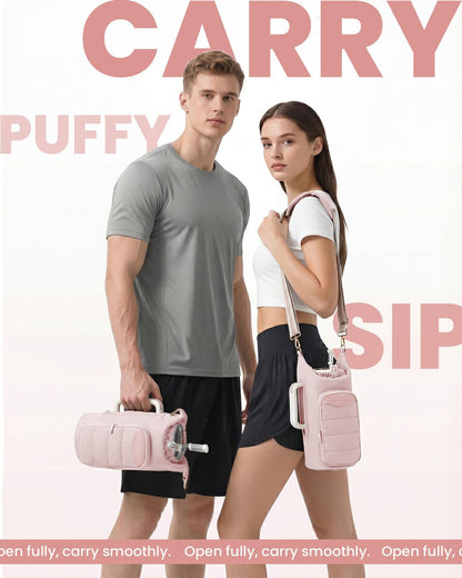 sportsnew Water Bottle Holder, Crossbody Insulated Cup Sleeve for 30oz/40oz Tumbler with Handle, Puffy Carrier Bag with Phone & RFID-Blocking Card Pocket & Drawstring Closure for Quick Access
