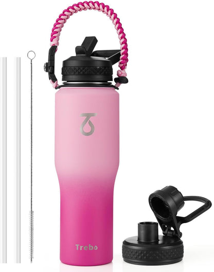 Trebo 40 oz Water Bottle Insulated Fit Car Cup Holder with Handle, Stainless Steel Water Bottles Tumbler with Spout Straw Lids, Double Wall Travel Reusable Flask, Leakproof Mug,Keep Cold &Hot,Black