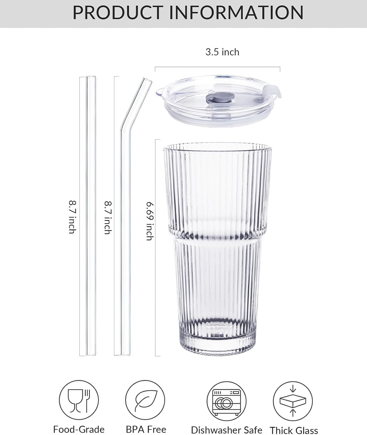 20 OZ Iced Coffee Cup With Glass Lids and Straws,High Borosilicate Glass Tumbler Cup Reusable Wide Mouth Smoothie Cups(Clear,1cup)…