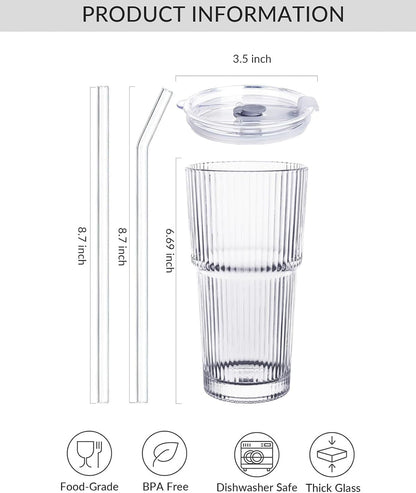 20 OZ Iced Coffee Cup With Glass Lids and Straws,High Borosilicate Glass Tumbler Cup Reusable Wide Mouth Smoothie Cups(Clear,1cup)…