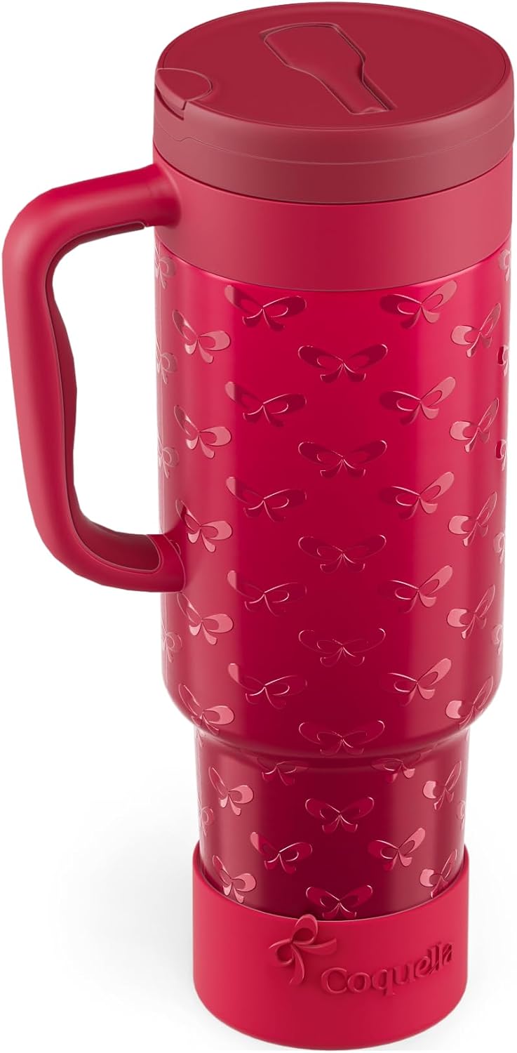 40 oz Insulated Tumbler with Handle and Push-Button Straw Lid, Stainless Steel Travel Cup for Gym Office, Leakproof, BPA-Free, Cup Holder Friendly, Bow Silicone Boot, Purple (Light Lilac)