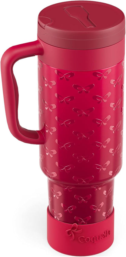 40 oz Insulated Tumbler with Handle and Push-Button Straw Lid, Stainless Steel Travel Cup for Gym Office, Leakproof, BPA-Free, Cup Holder Friendly, Bow Silicone Boot, Purple (Light Lilac)