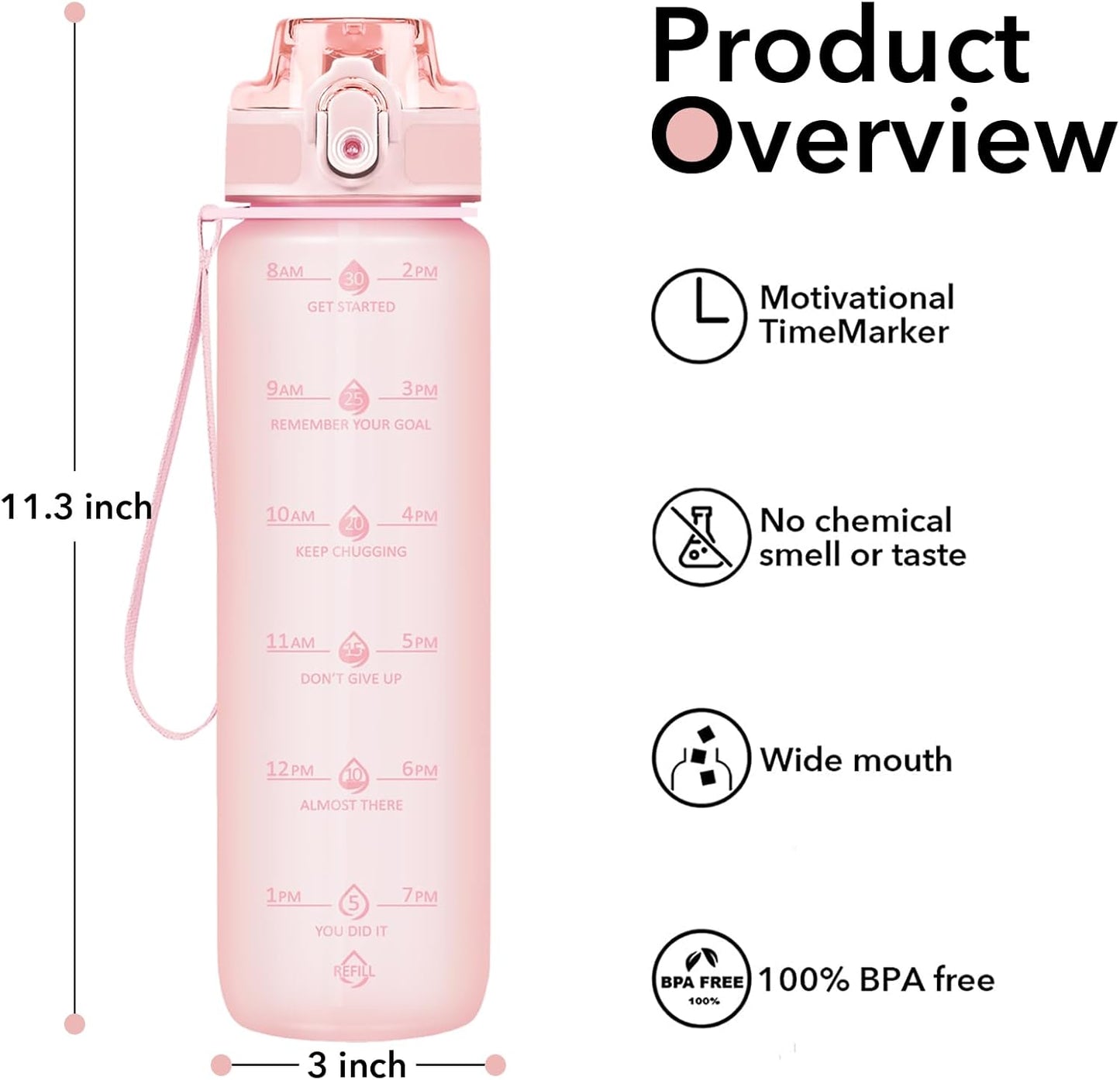 32oz Water Bottle with Time Marker, Motivational Drinking Bottle with Strap, BPA-Free Leak-Proof, Encouraging Water Bottle Time to Drink Water for Gym School Office Travel