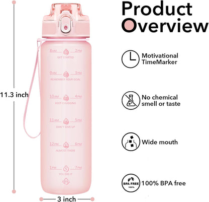 32oz Water Bottle with Time Marker, Motivational Drinking Bottle with Strap, BPA-Free Leak-Proof, Encouraging Water Bottle Time to Drink Water for Gym School Office Travel