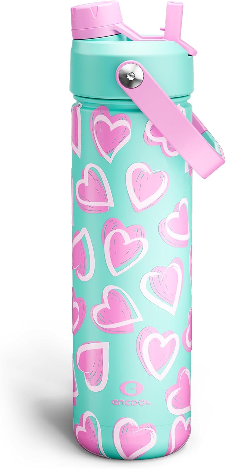 ENCOOL Insulated Water Bottle with Straw Stainless Steel Water Bottle, Leak-Proof, BPA-Free, Double Wall Vacuum Keeps Cold for 24 Hours for Sports, Travel, School (26 oz, Cotton Candy) - Colors D