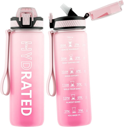 QLUR Water Bottle with Straw, 32oz Motivational Water Bottles with Time Marker to Drink, Tritan BPA Free, 1L Sports Water Bottle with Carry Strap LeakProof for Women Gym Fitness Outdoor (1 Pack)