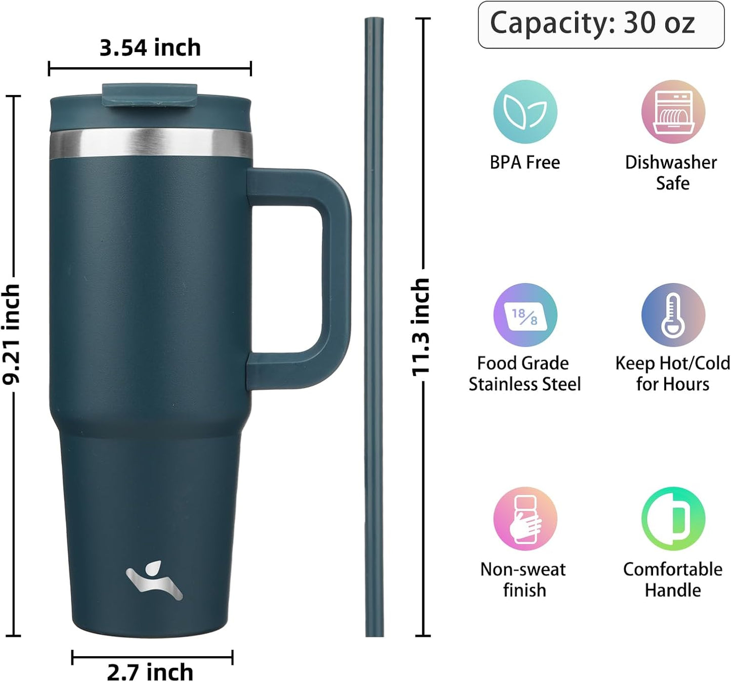 Konokyo 30 oz Tumbler with Handle and 2 Straws,2 in 1 Lid Insulated Water Bottle Stainless Steel Travel Coffee Mug,Sky