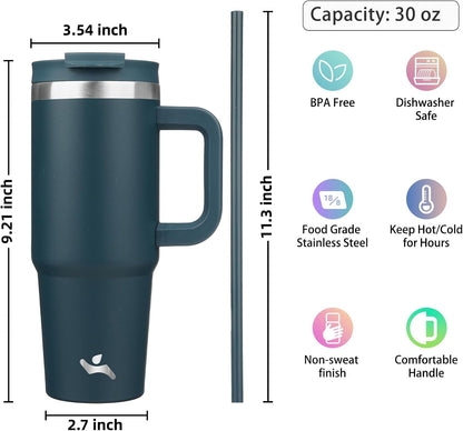 Konokyo 30 oz Tumbler with Handle and 2 Straws,2 in 1 Lid Insulated Water Bottle Stainless Steel Travel Coffee Mug,Sky