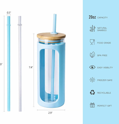 Kodrine 20oz Glass Water Tumbler with Straw and Lid, Bamboo Lids Water Bottle, Iced Coffee Cup Reusable, Wide Mouth Smoothie Cups with Protective Silicone Sleeve BPA FREE-Black - Colors A