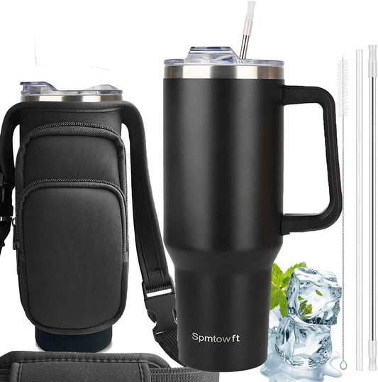 40oz Stainless Steel Double Vacuum Tumbler with Handle, Straw Lid, Carrier Bag, Purse Pouch Phone Pocket, Gym Water Bottle Travel Mug and Sleeve Holder for Men Women (Black)