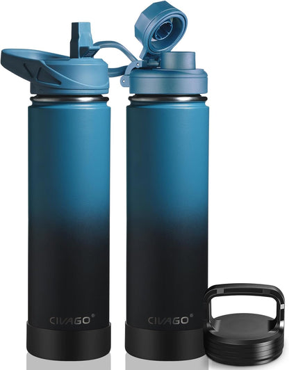 CIVAGO 32 oz Insulated Water Bottle With Straw, Stainless Steel Sports Water Cup Flask with 3 Lids (Straw, Spout and Handle Lid), Wide Mouth Travel Thermal Mug, Black