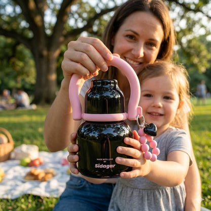 22 oz Water Bottle with Straw and Bowl, Unique Insulated Stainless Steel Tumbler, Spill-proof Reusable BPA-Free Cup, Pilates Wellness Study Travel, with Bonus Strap - Chocolate Black