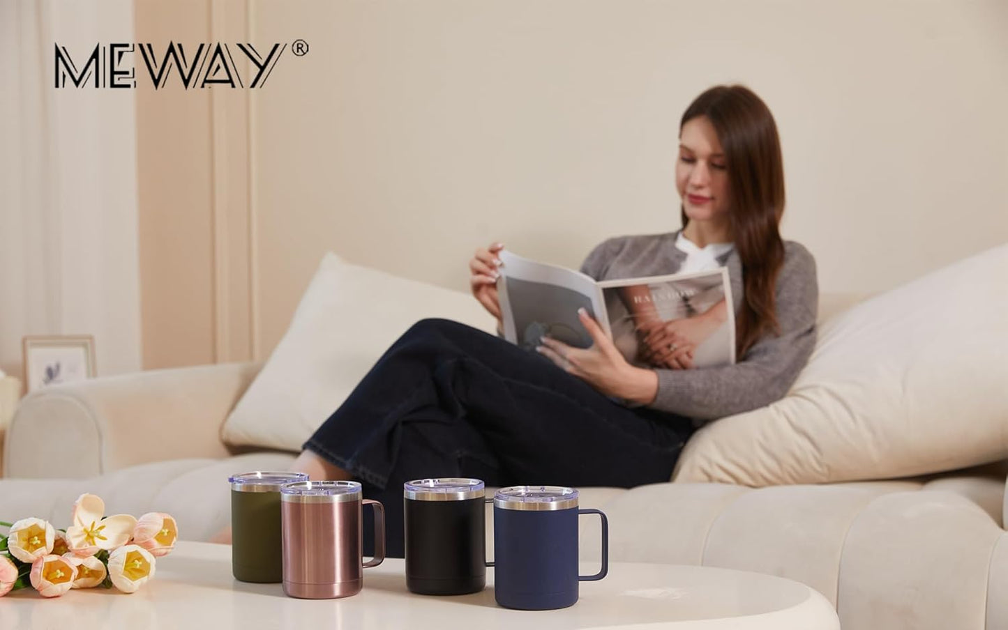 MEWAY 12oz Coffee Mug With Handle and Sliding Lid,Stainless Steel Travel Tumbler Cup with Handle,Double Wall Vacuum Insulated Camping Cup for Hot & Cold Drinks Tea (Black,Set of 1
