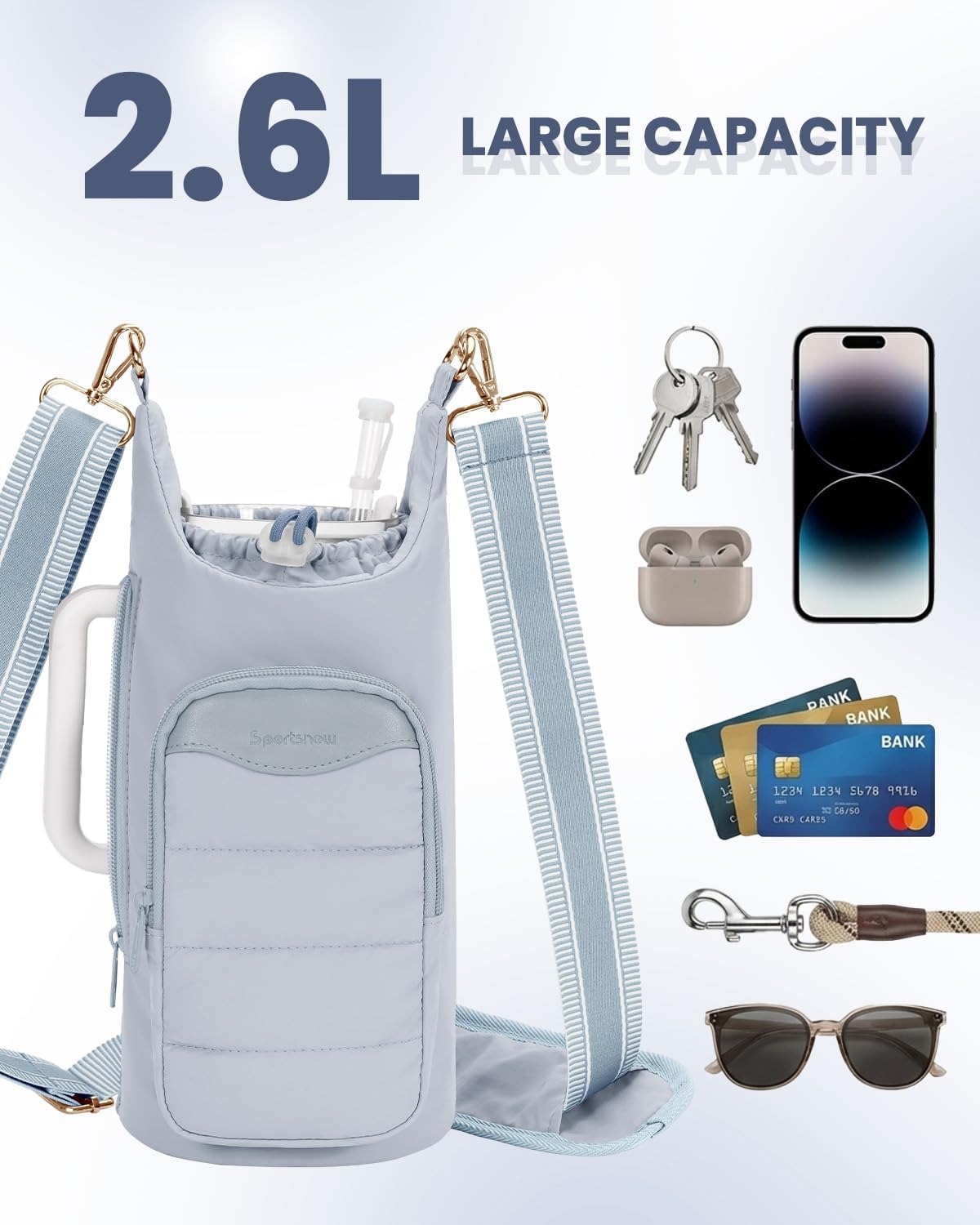 sportsnew Water Bottle Holder, Crossbody Insulated Cup Sleeve for 30oz/40oz Tumbler with Handle, Puffy Carrier Bag with Phone & RFID-Blocking Card Pocket & Drawstring Closure for Quick Access