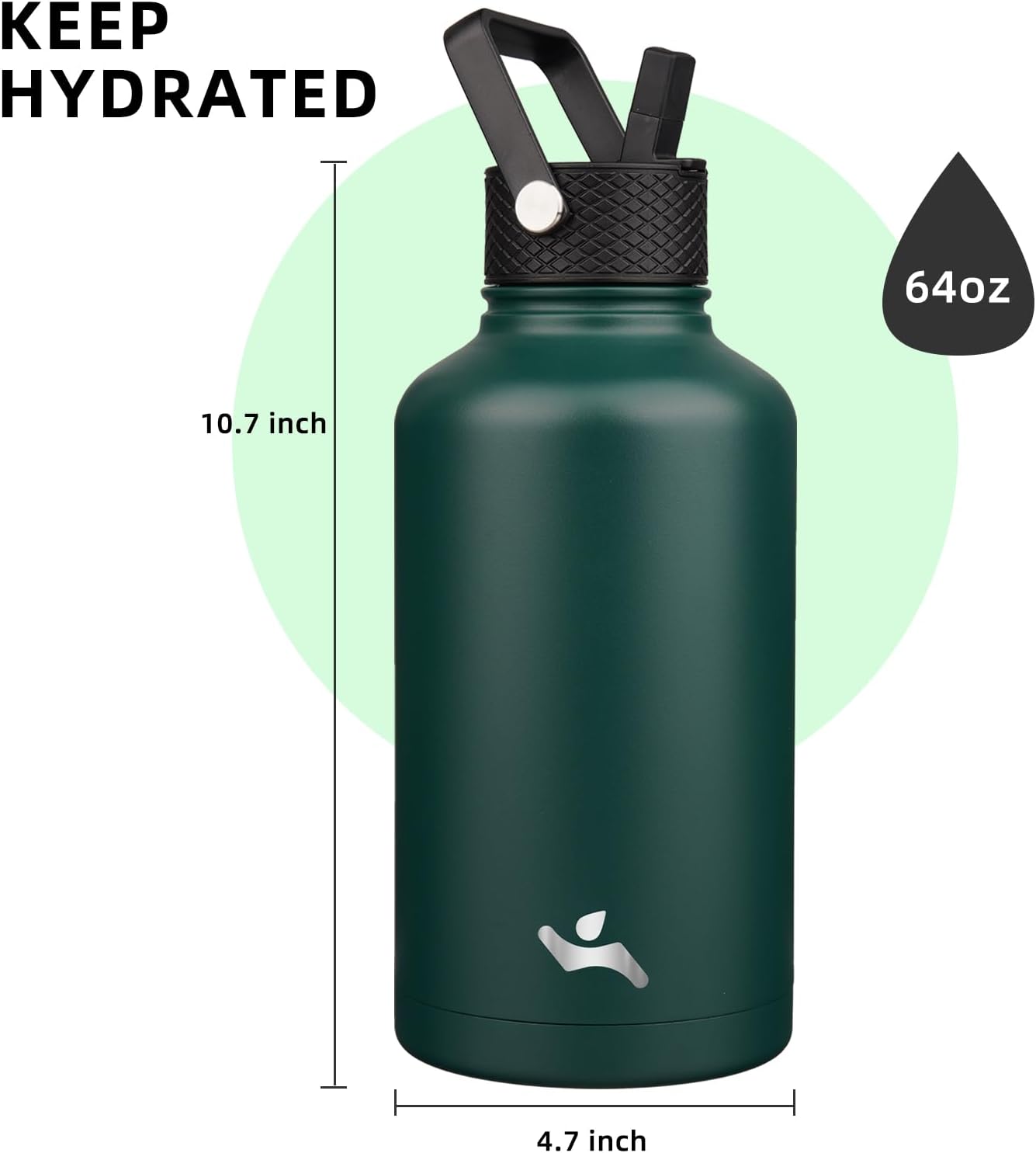 Konokyo 22oz Stainless Steel Bottles with 3 Lids Sport Insulated Water Bottle,Mint