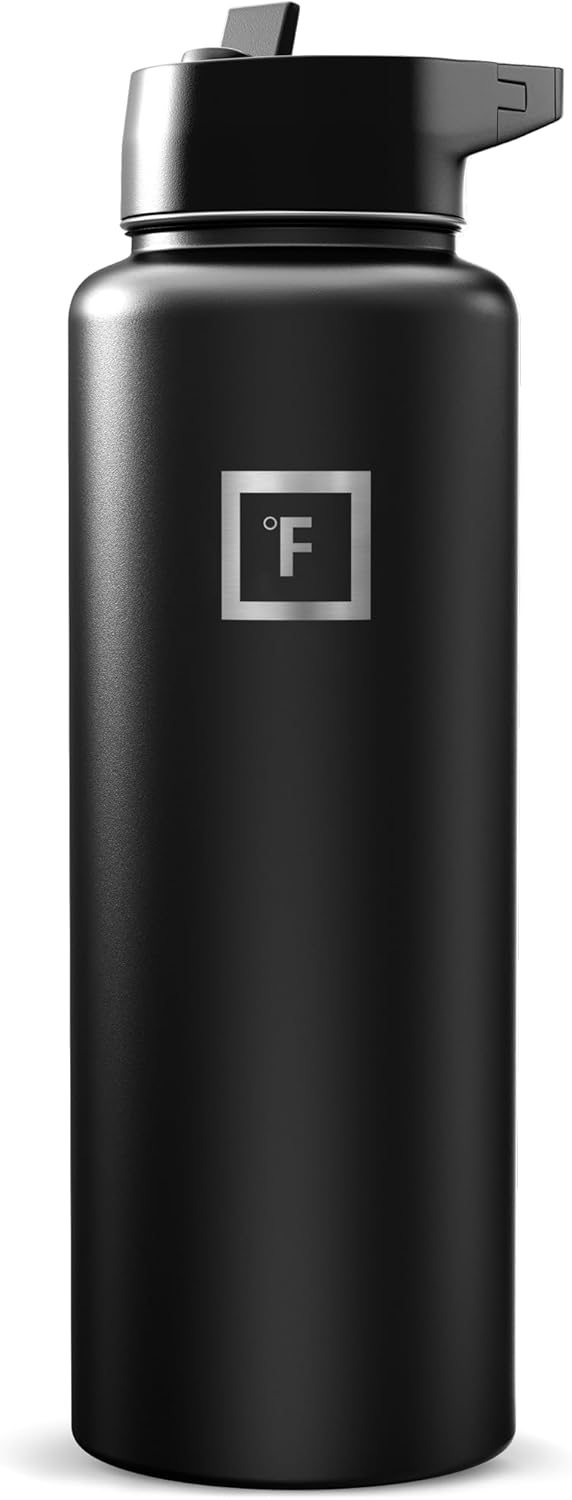 IRON °FLASK Camping & Hiking Hydration Flask with Straw, Wide Mouth Insulated Stainless Steel Sports Water Bottle - 40 oz Midnight Black