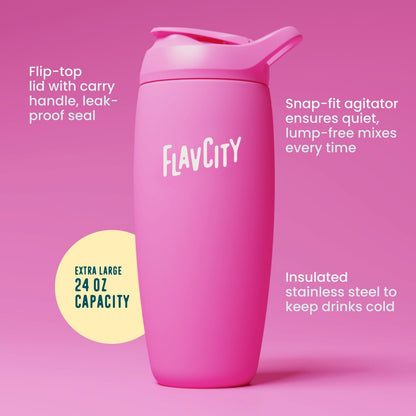 FlavCity 24 oz Stainless Steel Shaker Bottle - Insulated Protein Mixer Cup for On-the-Go Smoothies, Shakes, Electrolytes & Powder Drinks - BPA Free, Snap-Fit Agitator, Leak Resistant (Flamingo)