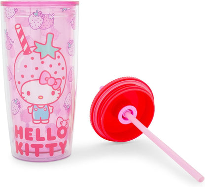 Silver Buffalo Sanrio Hello Kitty Milk Carton Pattern Plastic Boba Tumbler w Lid and Wide Straw, 24 Ounces