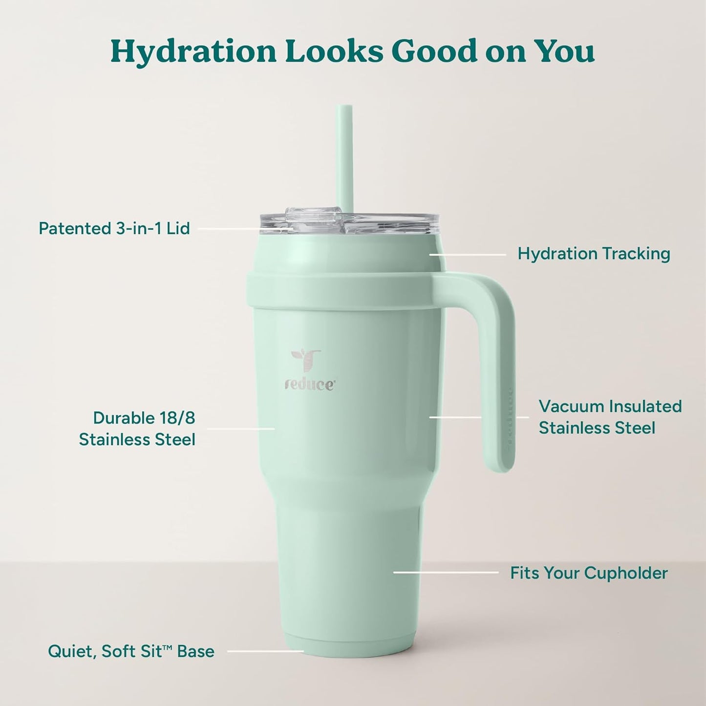 REDUCE 24 oz Stainless Steel Tumbler with Handle - Dual-Wall Vacuum Insulated Travel Mug, Sweat-Proof Lid & Reusable Straw - Keeps Drinks Cold for 24 Hrs, Fits Cupholders, Dishwasher Safe - Lilac Bud