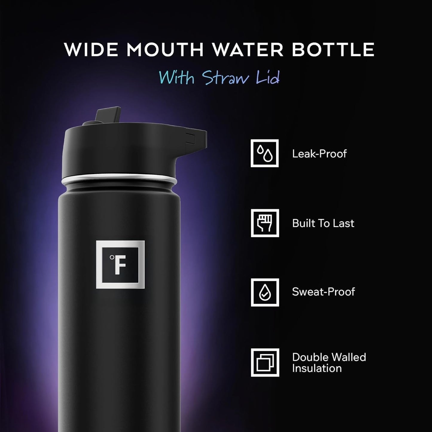 IRON °FLASK Camping & Hiking Hydration Flask with Straw, Wide Mouth Insulated Stainless Steel Sports Water Bottle - 40 oz Midnight Black
