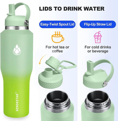 SENDESTAR 40oz Water Bottle Wide Mouth Stainless Steel Vacuum Insulated Double Wall with Straw Lids Fit in Any Car Cup Holder
