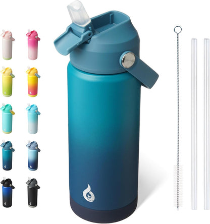 BJPKPK Insulated Water Bottle with Straw Lid, 18oz Thermo Water Bottles with Soft Nozzle, Flex Handle & Non-slip Boot, BPA Free Leak Proof Stainless Steel Metal Thermo, Tumblers, Cups,Sea Salt