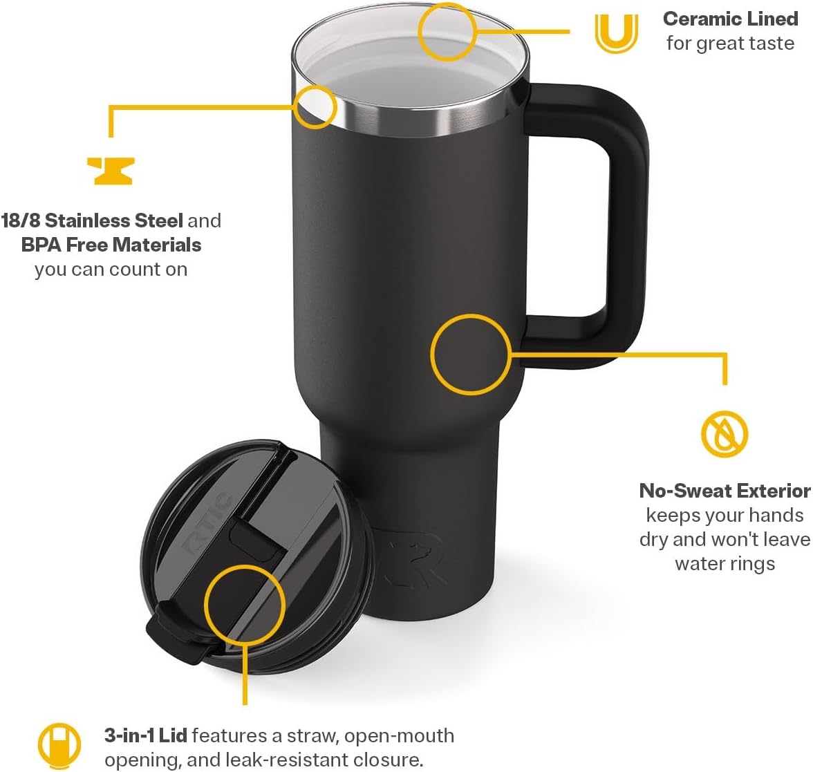 RTIC 30 oz Road Trip Tumbler Double-Walled Ceramic Lined InsulatedStainless Steel Portable Travel Coffee Mug Cup with Lid, Handle and Straw, Periwinkle Bouquet