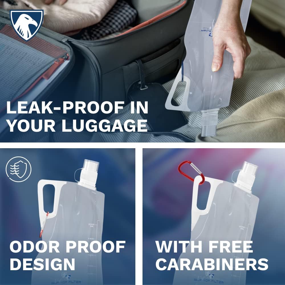 Survivor Filter Clear Collapsible Water Bottles - Travel, Hiking, Foldable, BPA-Free - 2 x