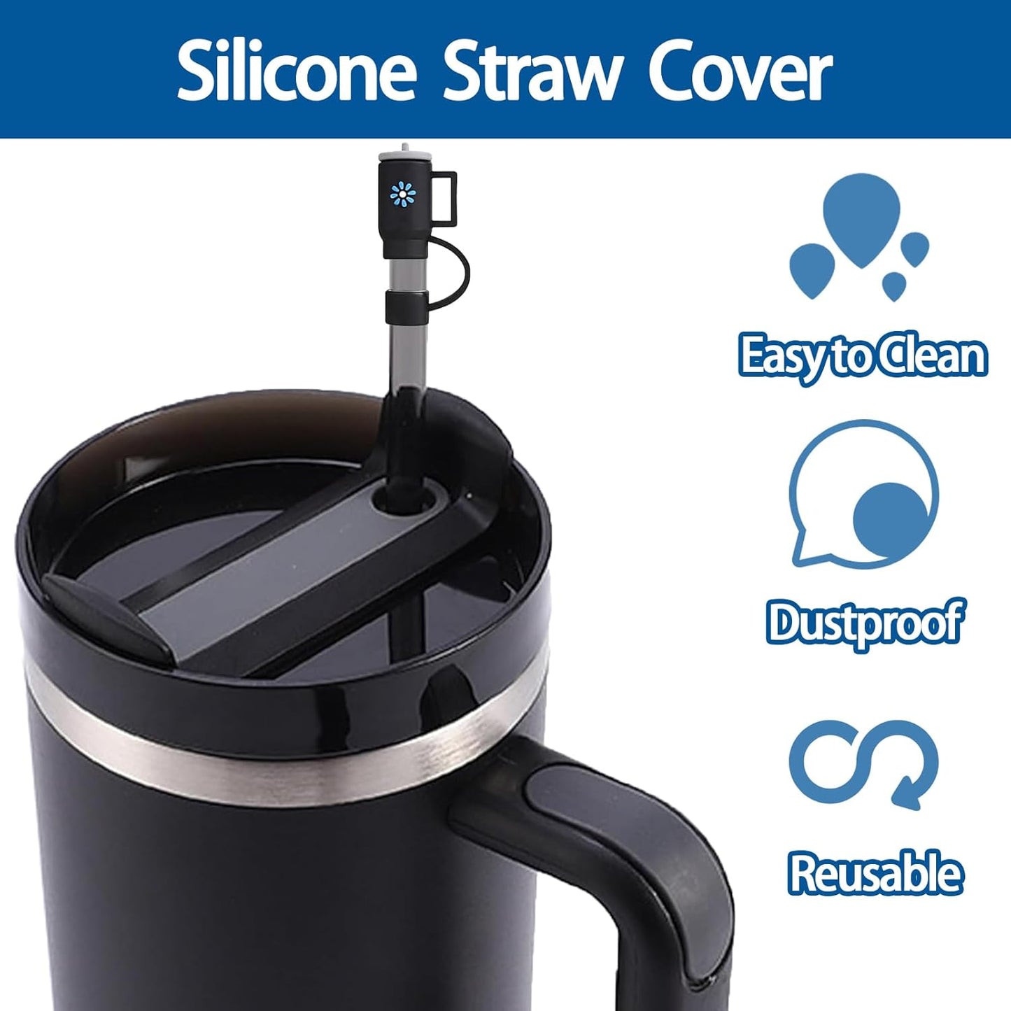 6PCS Silicone Straw Covers Cap Compatible with Stanley Cup 30-40 oz Tumbler with Handle 10mm Straw Toppers，Dust-Proof Reusable Straw Cover for Stanley Cup Accessories (Black)