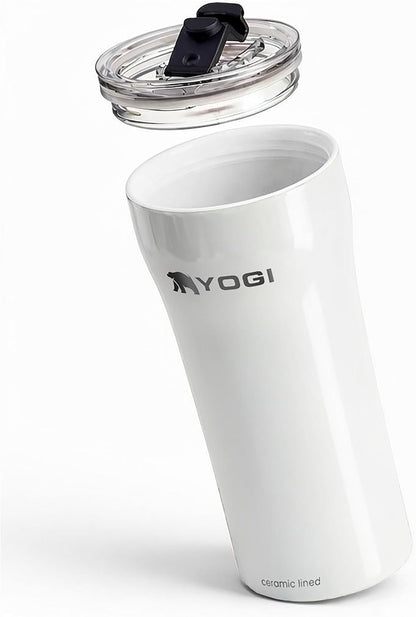 YOGI Ceramic Lined Metal Allergy Safe 16oz Coffee Tumbler with Leakproof Lid BPA Free Vacuum Insulated Stainless Steel Cupholder Friendly Travel Cup for Coffee and Water Sandstone