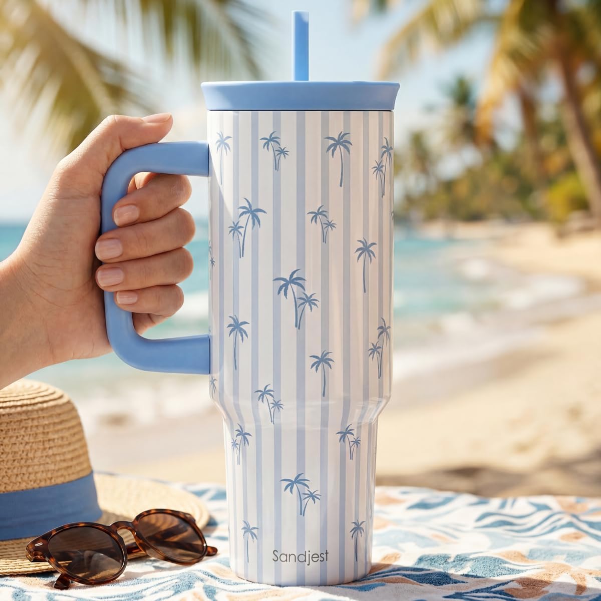 SANDJEST Pickleball Stainless Steel Locking Lid Silicone Straw Tumbler with Handle 40oz, Insulated Stainless Steel Travel Cup for Women Girls Friends Players, Gift Idea for Birthday Christmas