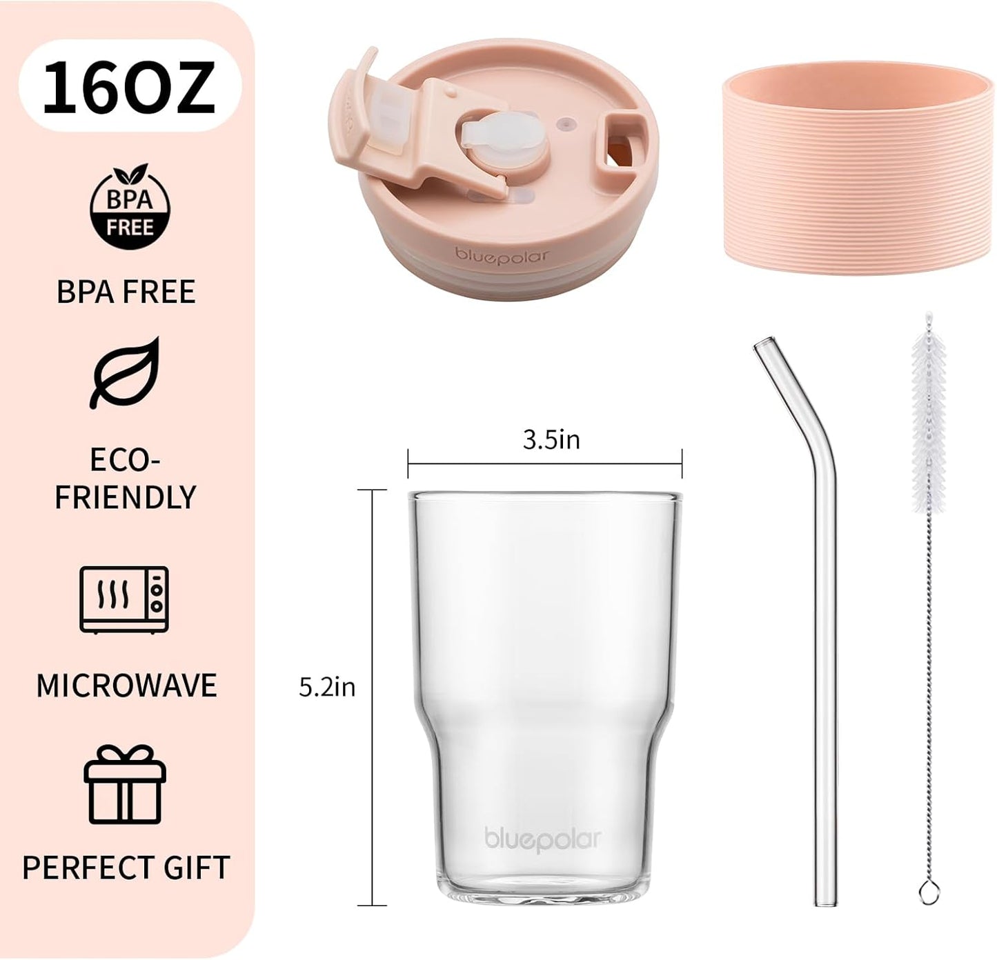 BLUEPOLAR Iced Coffee Glasses with Lids and Straws,Car Cup Holder Friendly, Leakproof Portable Tumblers for Cold Brew, Juice & Smoothie, Ideal for Travel, Office & Gym, BPA-Free (16oz-Pink)