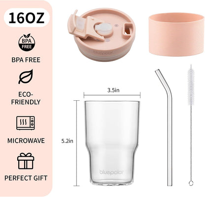 BLUEPOLAR Iced Coffee Glasses with Lids and Straws,Car Cup Holder Friendly, Leakproof Portable Tumblers for Cold Brew, Juice & Smoothie, Ideal for Travel, Office & Gym, BPA-Free (16oz-Pink)