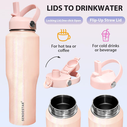 SENDESTAR 40oz Water Bottle Wide Mouth Stainless Steel Vacuum Insulated Double Wall with Straw Lids Fit in Any Car Cup Holder