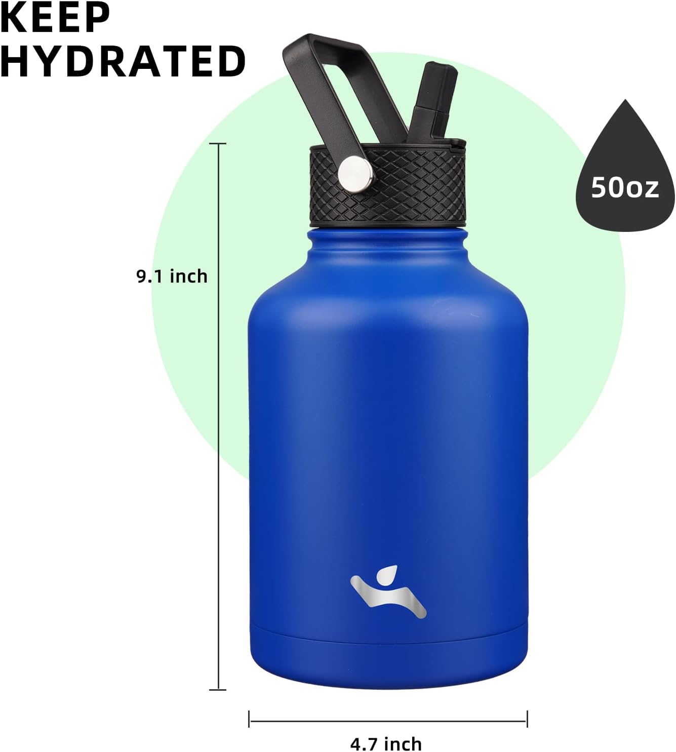 Konokyo 22oz Stainless Steel Bottles with 3 Lids Sport Insulated Water Bottle,Mint