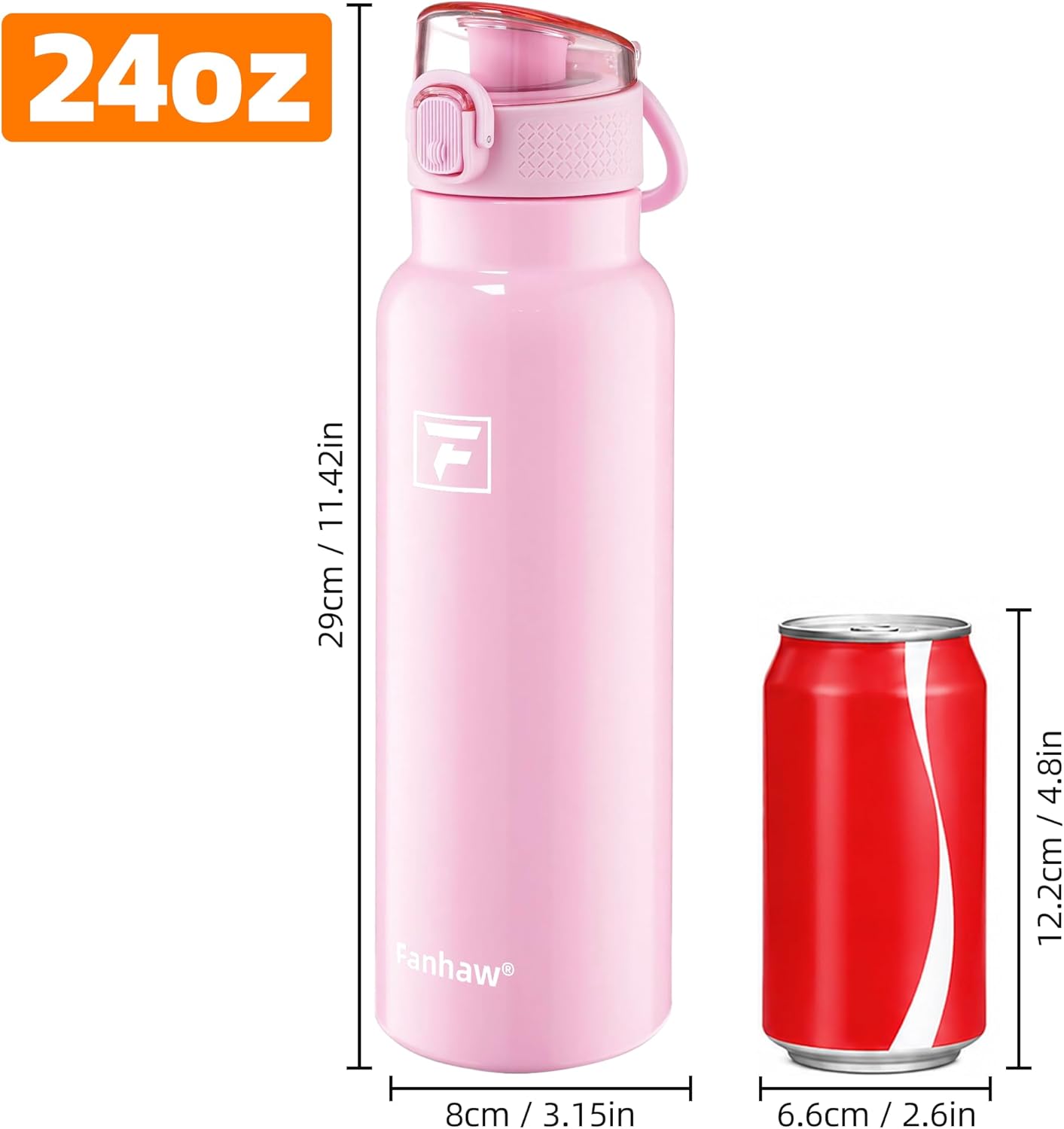 Fanhaw 24 oz Insulated Water Bottle with Soft Silicone Spout Lid, Leakproof Stainless Steel Vacuum Bottle for School, Sports& Daily Use, Kids, Teens& Adults, Back to School Essentials (Pink)